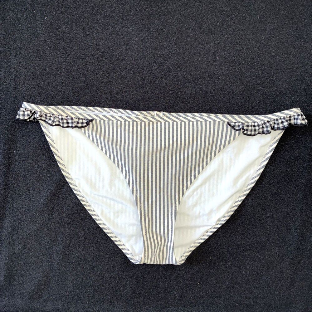 Aerie Seersucker Bikini Bottom Swimsuit Sz M Ruffle Black White Gingham & Stripe
